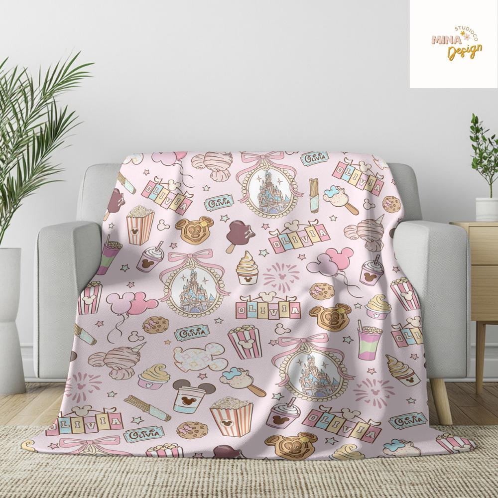 Personalized Coquette Bow Castle Disney Blanket, Mickey Minnie Snack Drink Birthday Girl Home Decor, Magic Kingdom Kids Baby Girl Blanket
