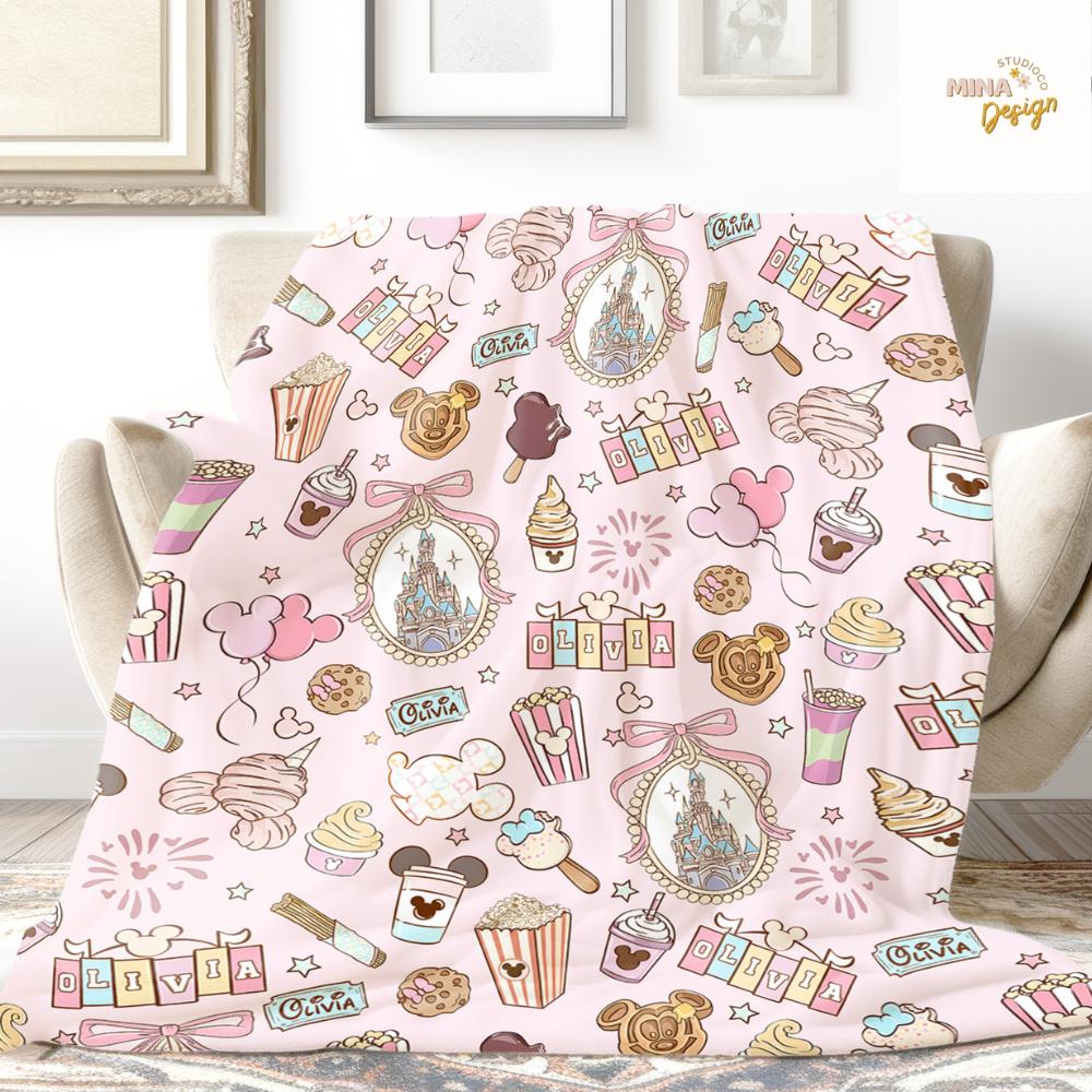 Personalized Coquette Bow Castle Disney Blanket, Mickey Minnie Snack Drink Birthday Girl Home Decor, Magic Kingdom Kids Baby Girl Blanket