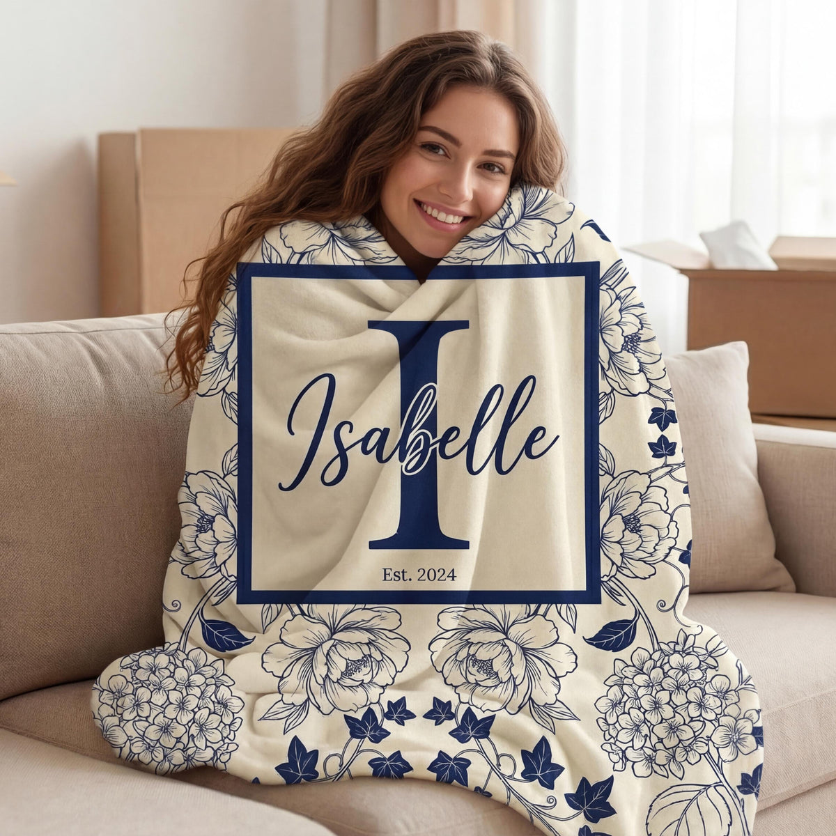 Personalized Chinoiserie Blanket, Blue Floral Toile Throw, Custom Monogram Decor