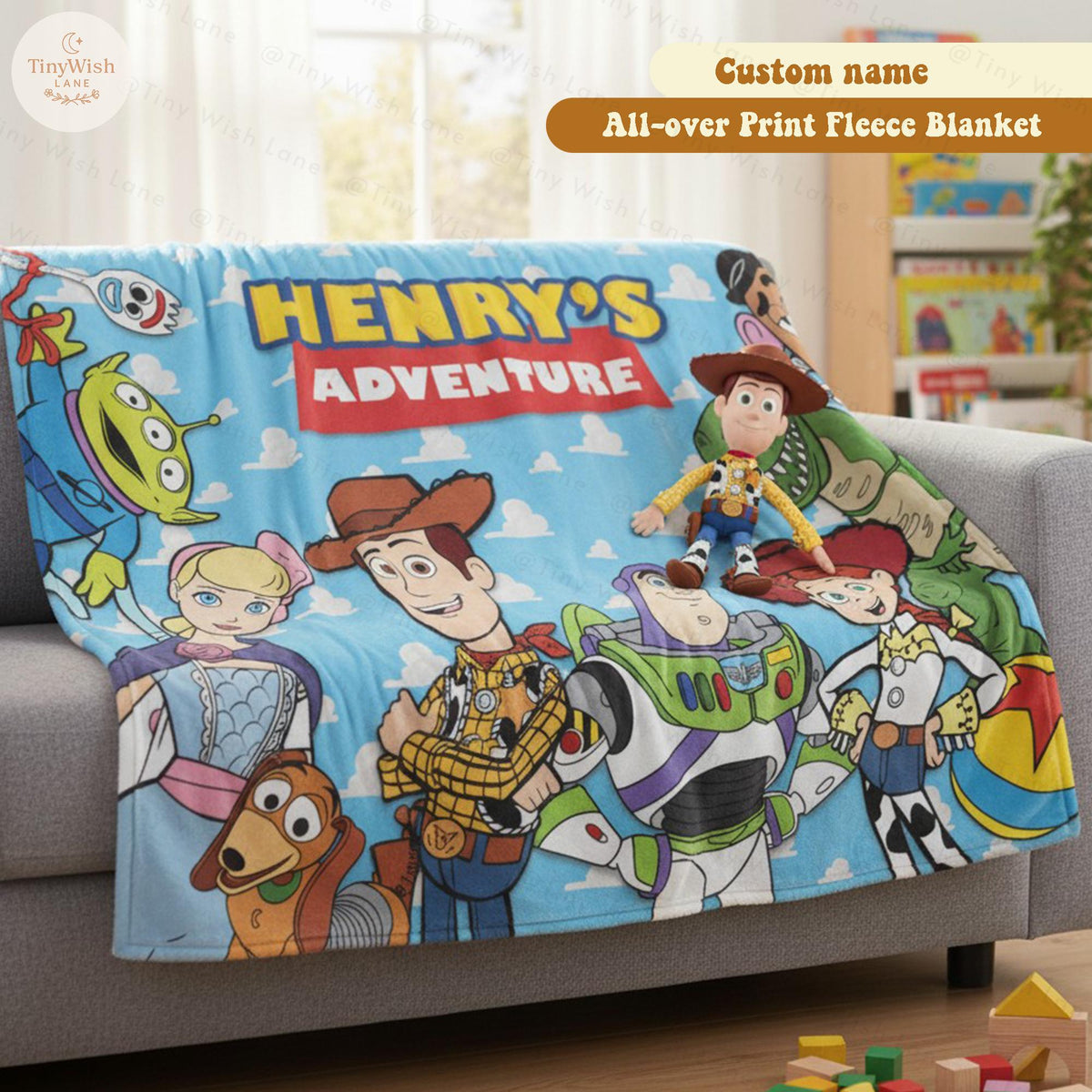 Personalized Disney Toy Story Blanket, Custom Name Disney Blanket, Woody Buzz Lightyear Jessie Toy Story Blanket, Gift for Boy or Girl