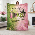 Custom Name Flannel Blanket Pink Green Magic Witch Hat Broom Sparkle Spellbound Throw Gift for Women Girls Room Decor Personalized Bedding