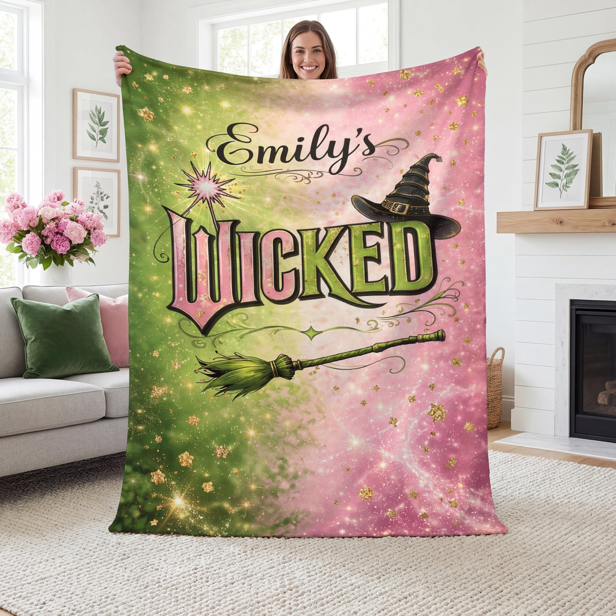 Custom Name Flannel Blanket Pink Green Magic Witch Hat Broom Sparkle Spellbound Throw Gift for Women Girls Room Decor Personalized Bedding