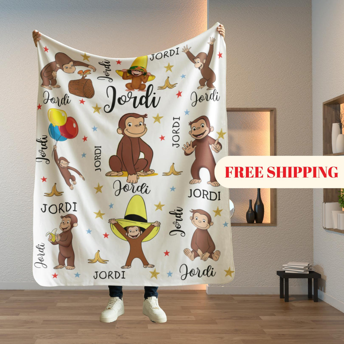 Personalized Curious George Monkey Blanket, Custom Name Fleece Throw
