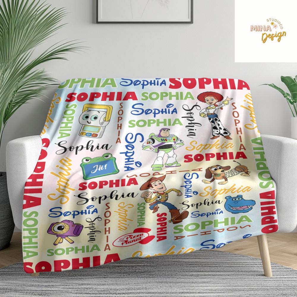 Personalized Disney Toy Story 5 Movie Blanket, Buzz Lightyear Woody Jessie Bo Peep Birthday Home Decor, Family Blanket, Birthday Boy/Girl