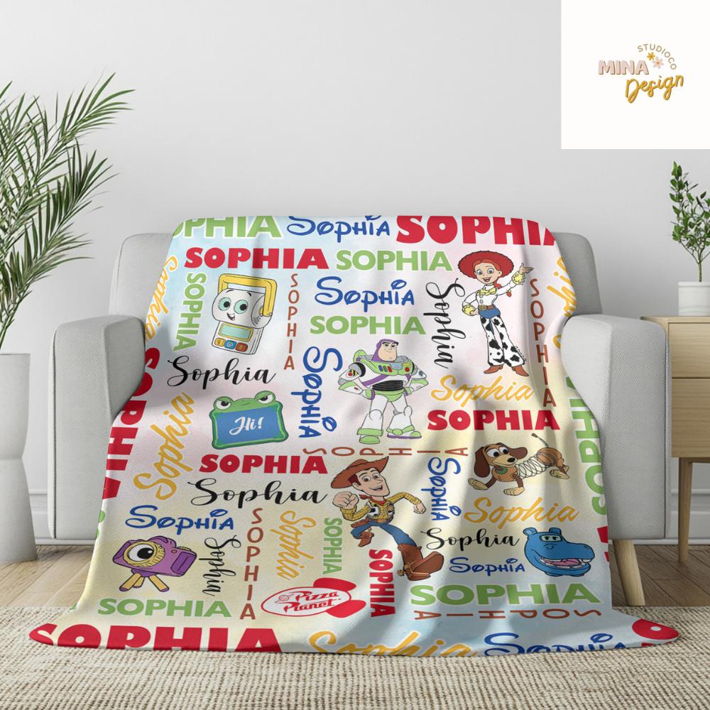 Personalized Disney Toy Story 5 Movie Blanket, Buzz Lightyear Woody Jessie Bo Peep Birthday Home Decor, Family Blanket, Birthday Boy/Girl