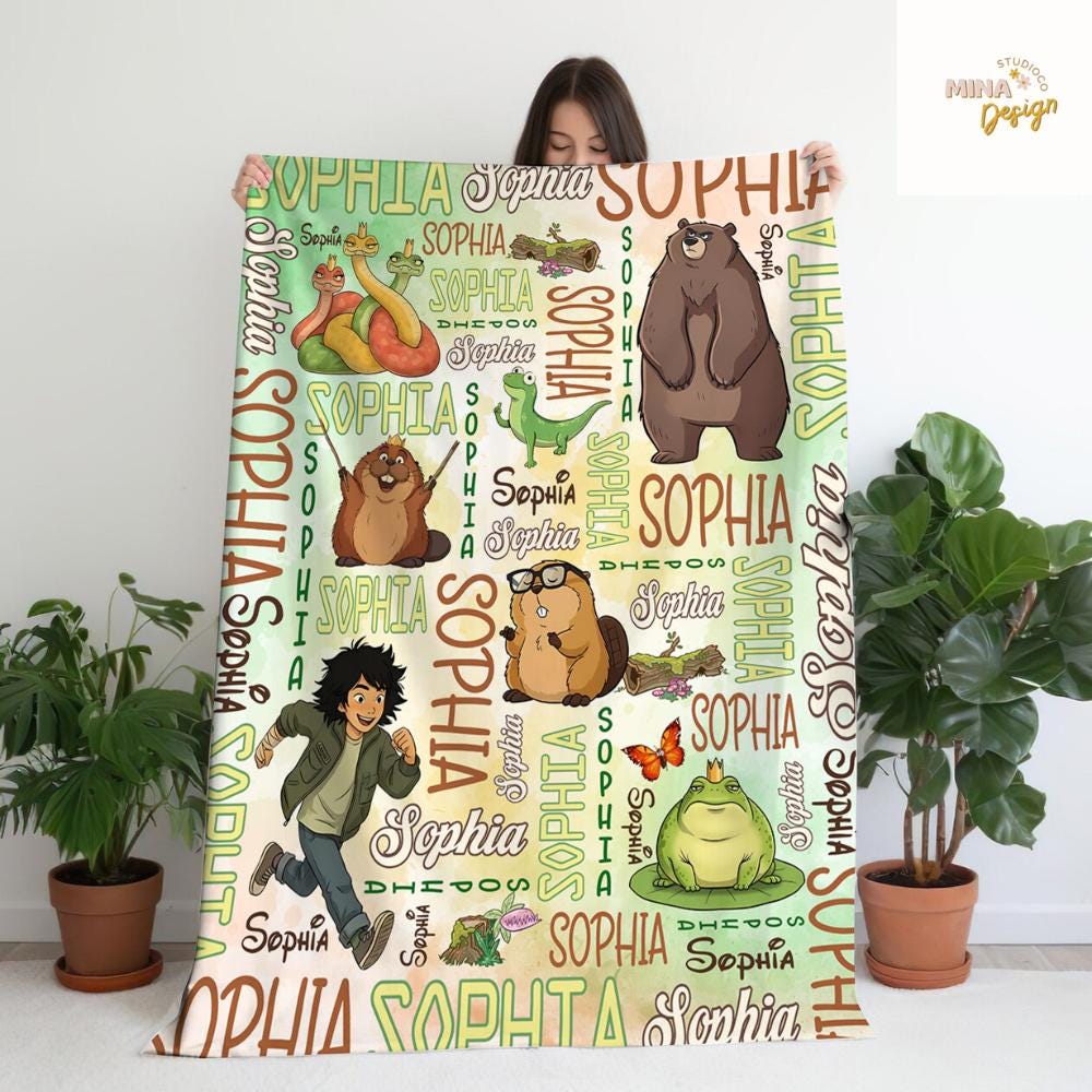 Personalized Disney Hoppers Blanket, Watercolor Mabel Tanaka Tom Lizard Hoppers Movie Birthday Gift Home Decor, Animal Lovers Kids Blanket