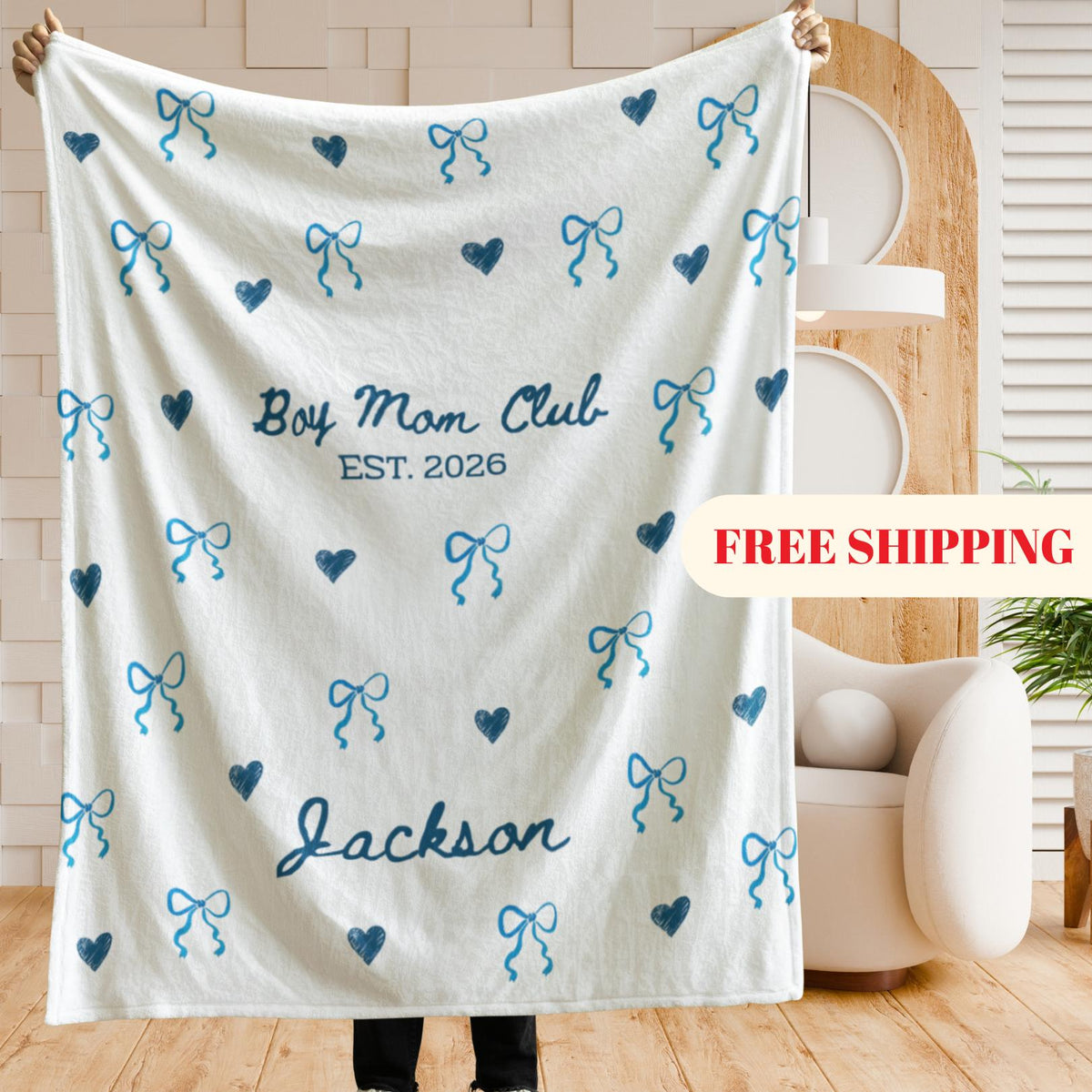 Personalized Boy Mom Club Blanket, Custom Blue Minky Flannel Throw