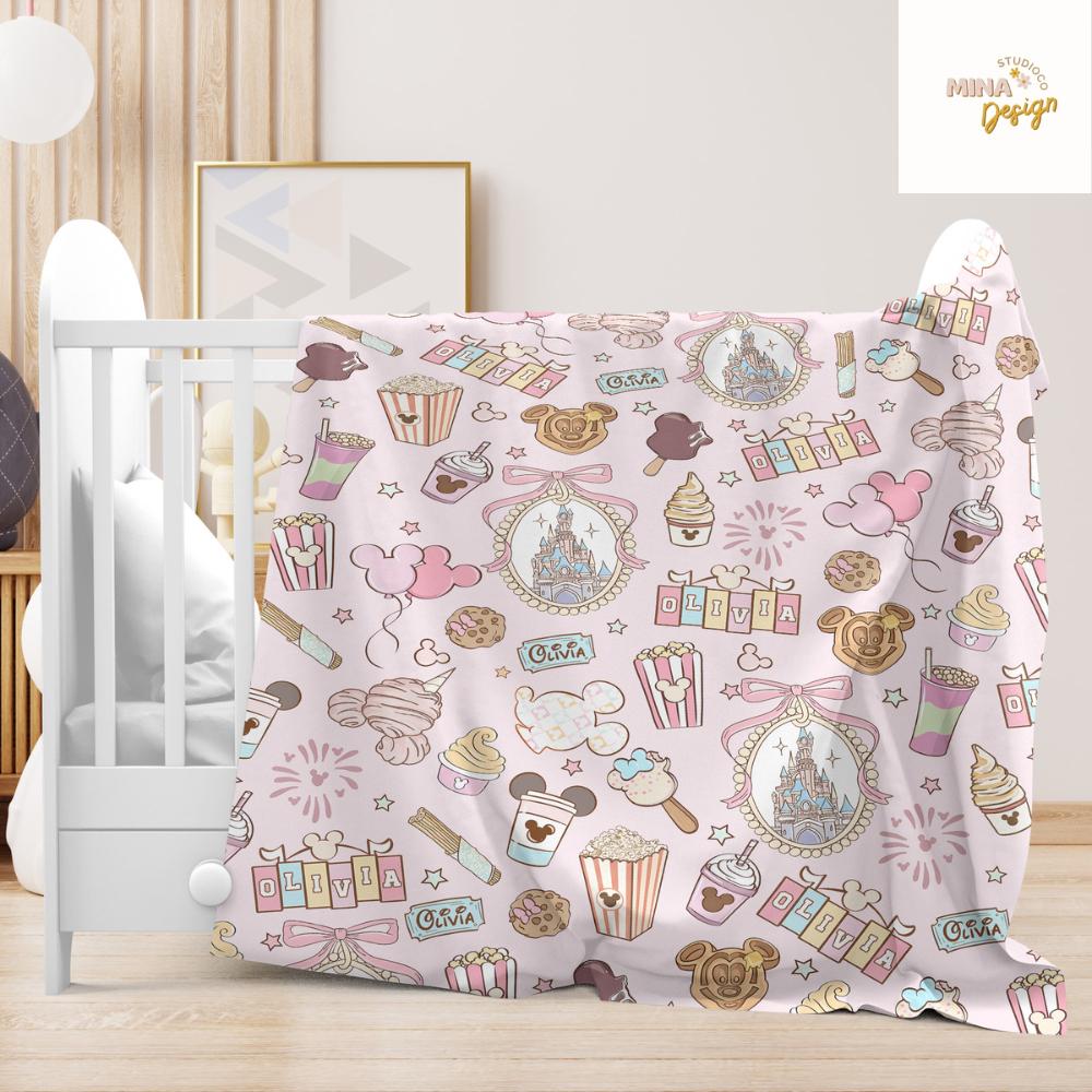 Personalized Coquette Bow Castle Disney Blanket, Mickey Minnie Snack Drink Birthday Girl Home Decor, Magic Kingdom Kids Baby Girl Blanket