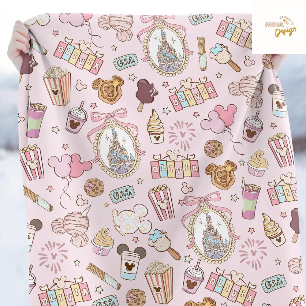 Personalized Coquette Bow Castle Disney Blanket, Mickey Minnie Snack Drink Birthday Girl Home Decor, Magic Kingdom Kids Baby Girl Blanket