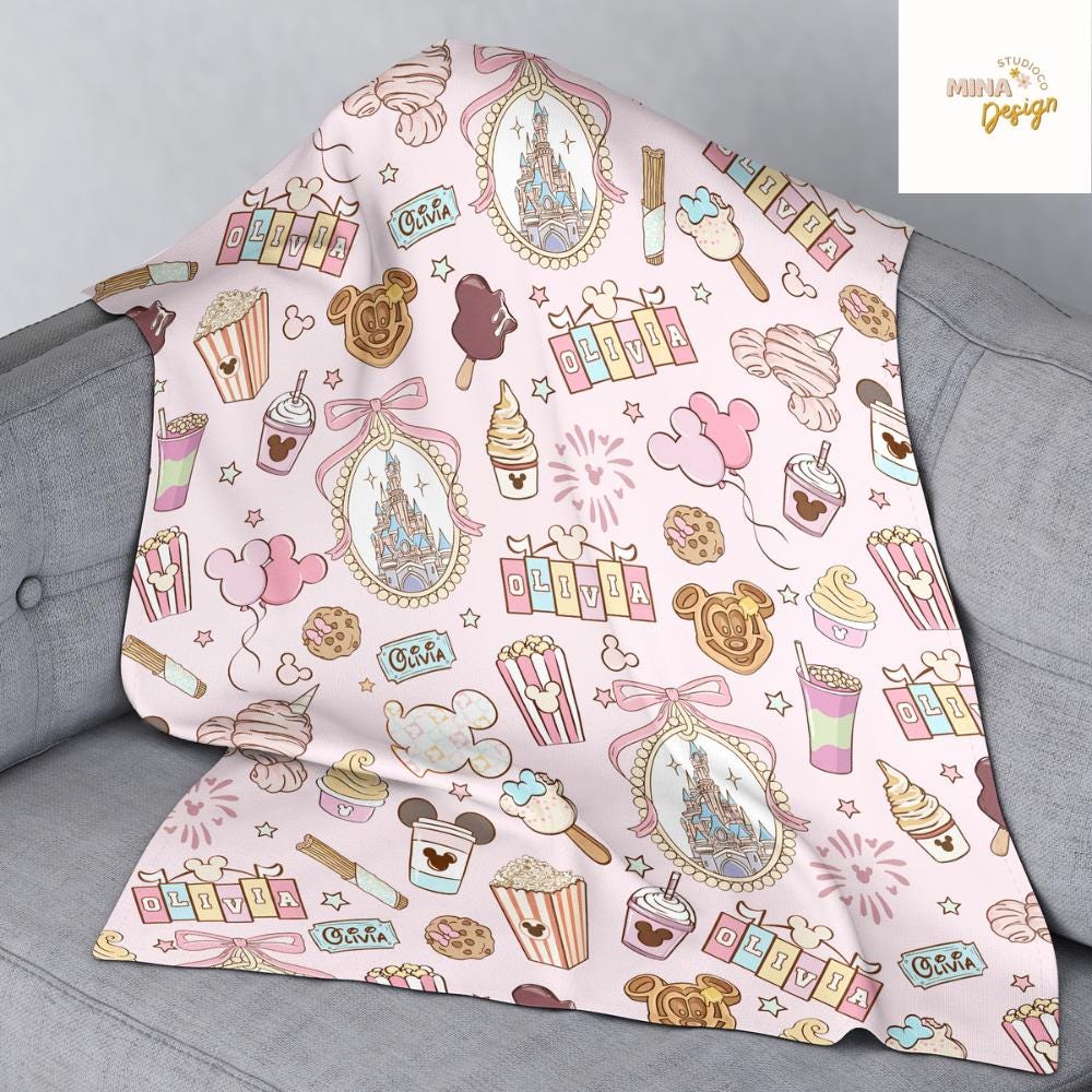Personalized Coquette Bow Castle Disney Blanket, Mickey Minnie Snack Drink Birthday Girl Home Decor, Magic Kingdom Kids Baby Girl Blanket