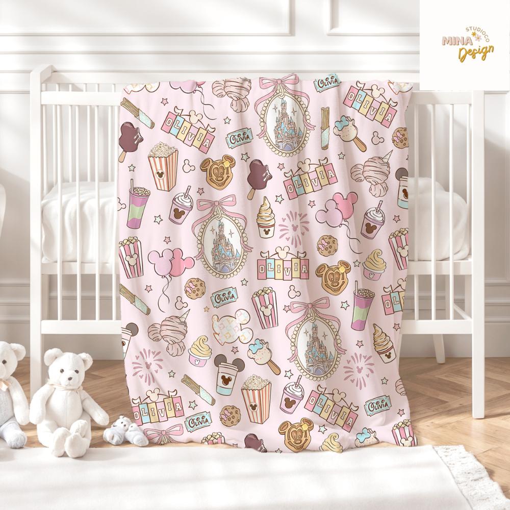 Personalized Coquette Bow Castle Disney Blanket, Mickey Minnie Snack Drink Birthday Girl Home Decor, Magic Kingdom Kids Baby Girl Blanket