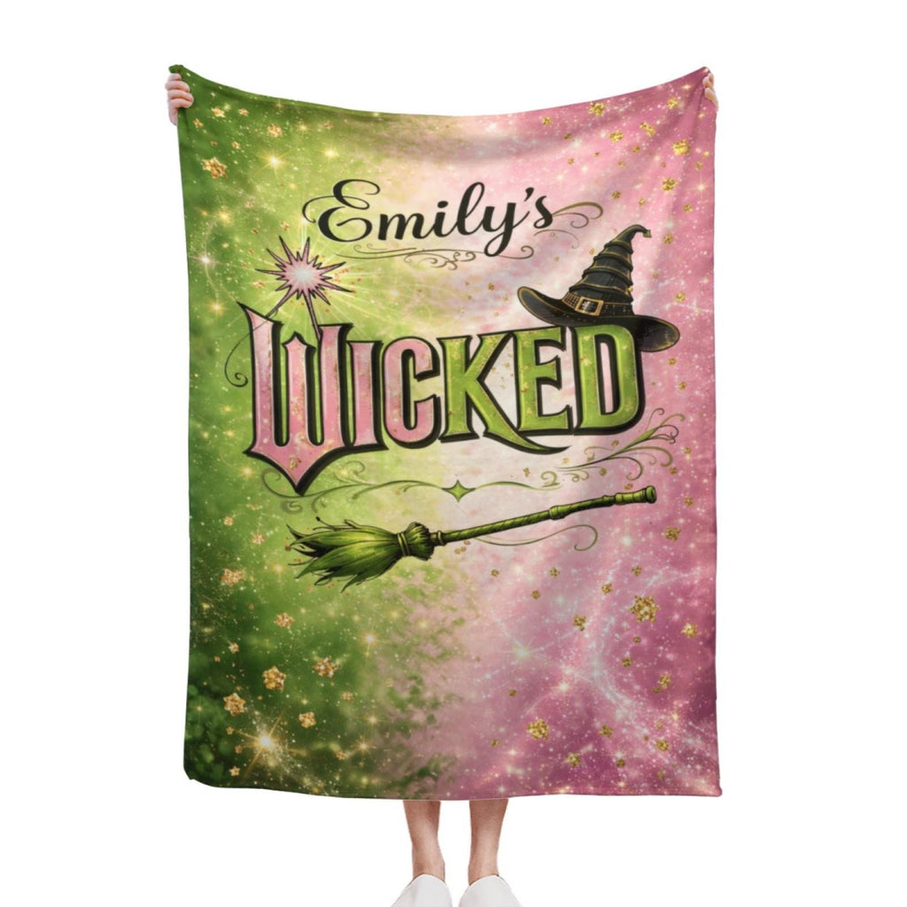 Custom Name Flannel Blanket Pink Green Magic Witch Hat Broom Sparkle Spellbound Throw Gift for Women Girls Room Decor Personalized Bedding