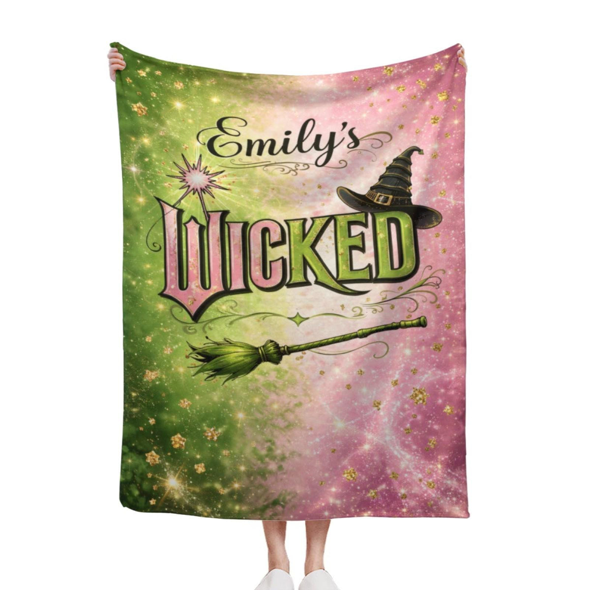 Custom Name Flannel Blanket Pink Green Magic Witch Hat Broom Sparkle Spellbound Throw Gift for Women Girls Room Decor Personalized Bedding