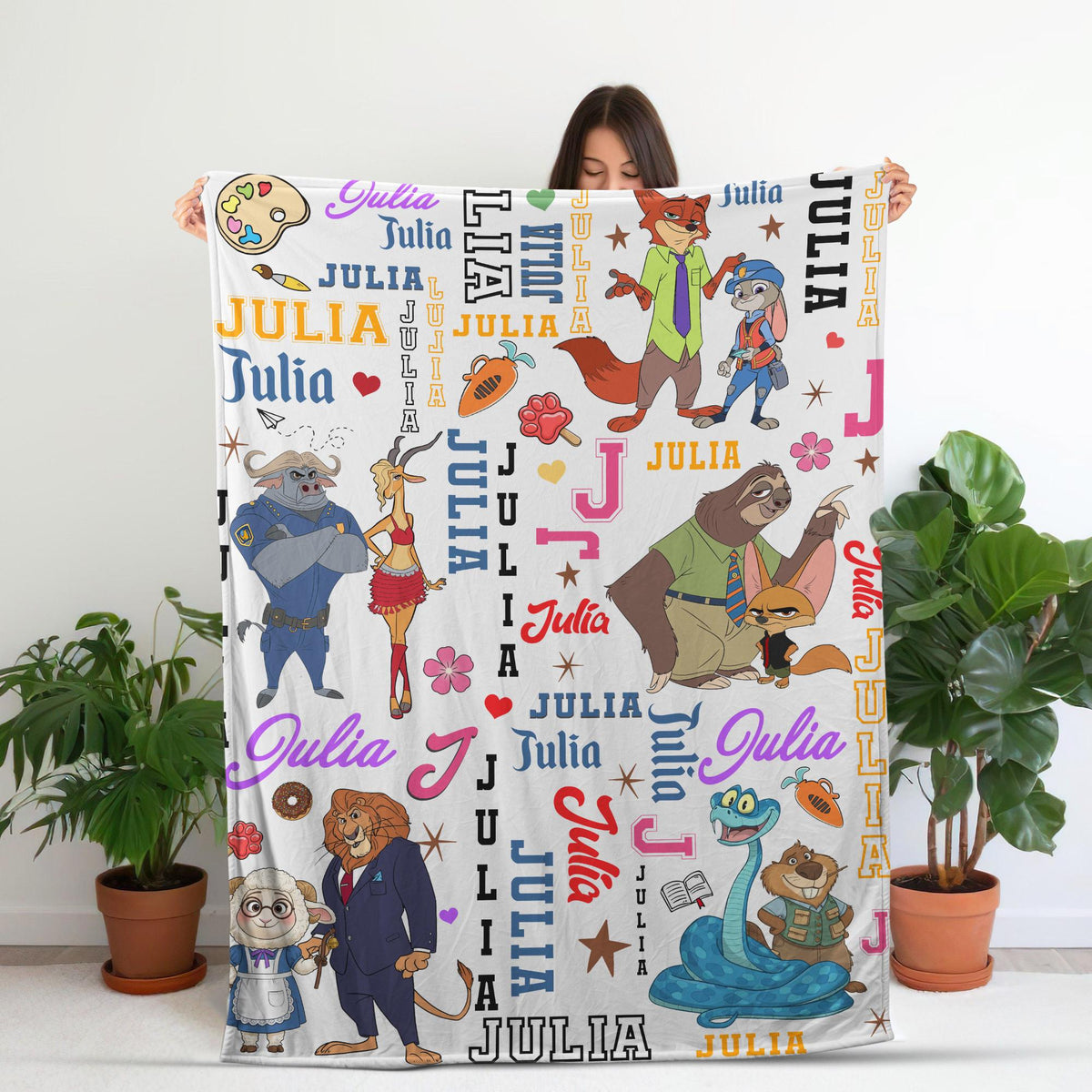 Custom Name Blanket for Kids, Personalized Zootopia Cartoon Throw, Cute Animal Nursery Decor, Birthday Gift for Girls Boys, Toddler Blanket