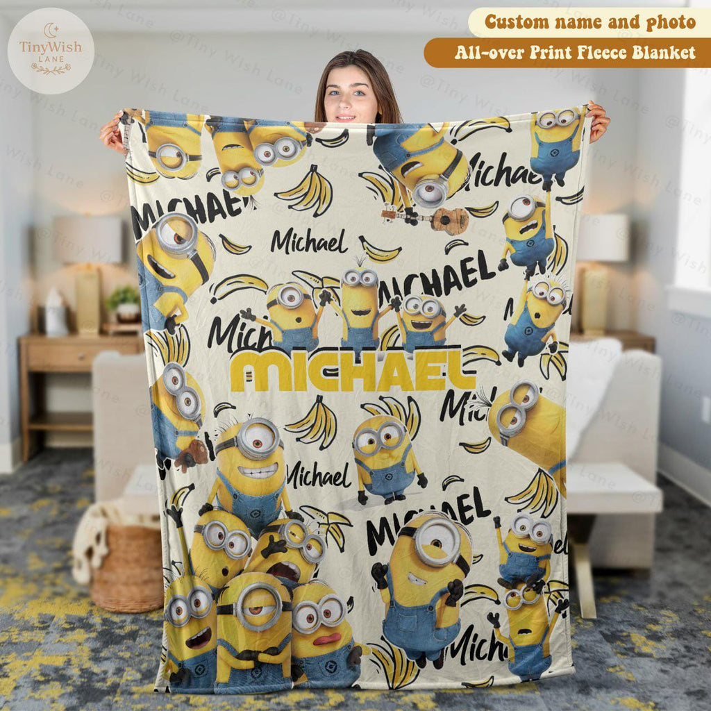 Personalized Disney Cute Yellow Characters Blanket, Custom Name Disney Blanket, Funny Banana Crew Blanket, Perfect Gift for Boy or Girl