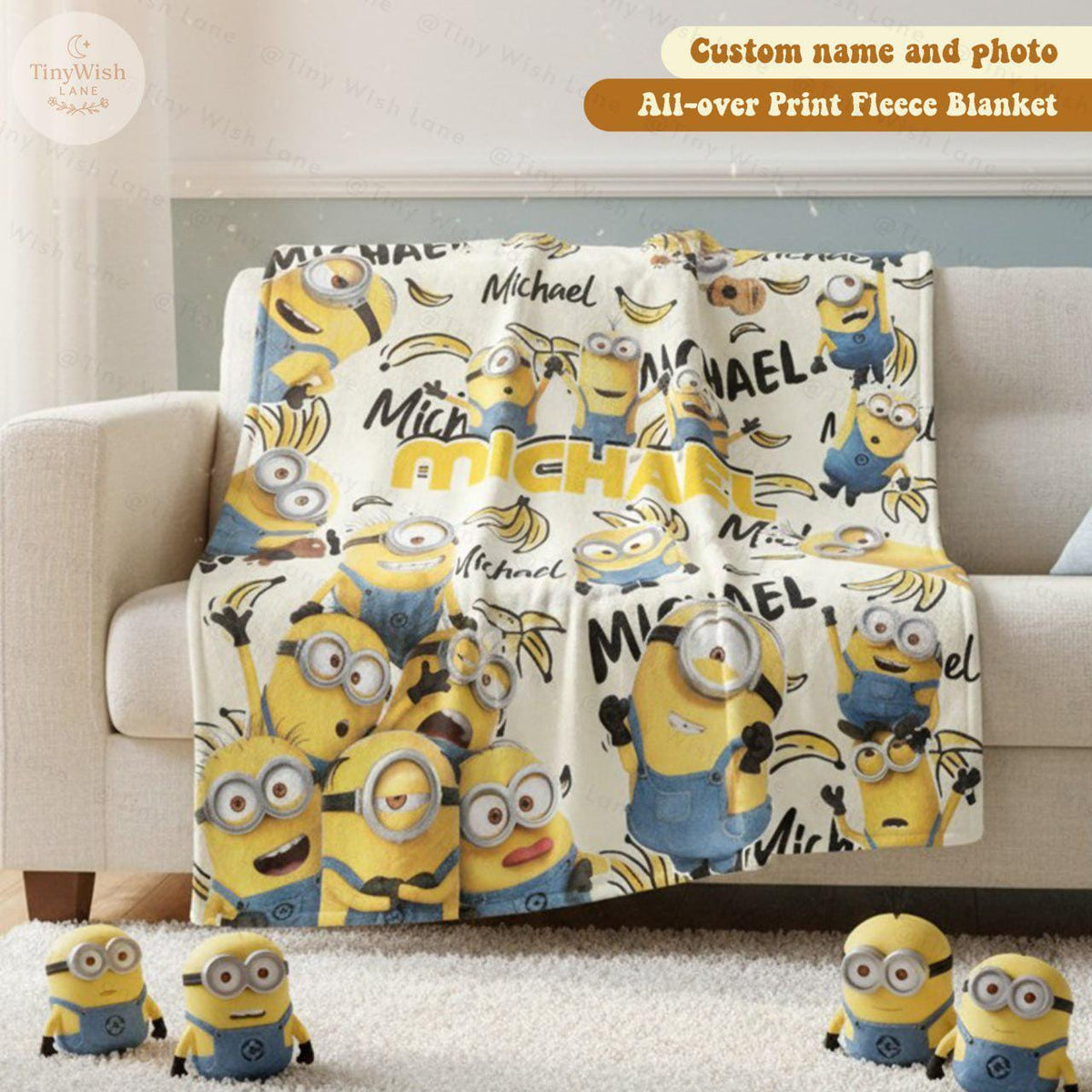 Personalized Disney Cute Yellow Characters Blanket, Custom Name Disney Blanket, Funny Banana Crew Blanket, Perfect Gift for Boy or Girl