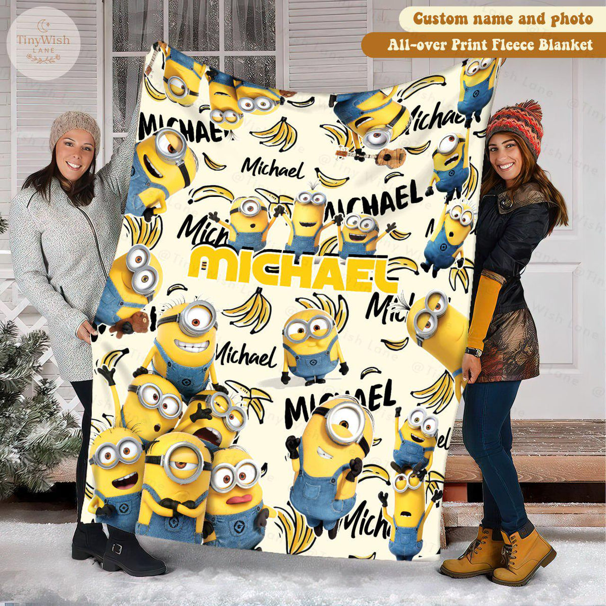 Personalized Disney Cute Yellow Characters Blanket, Custom Name Disney Blanket, Funny Banana Crew Blanket, Perfect Gift for Boy or Girl