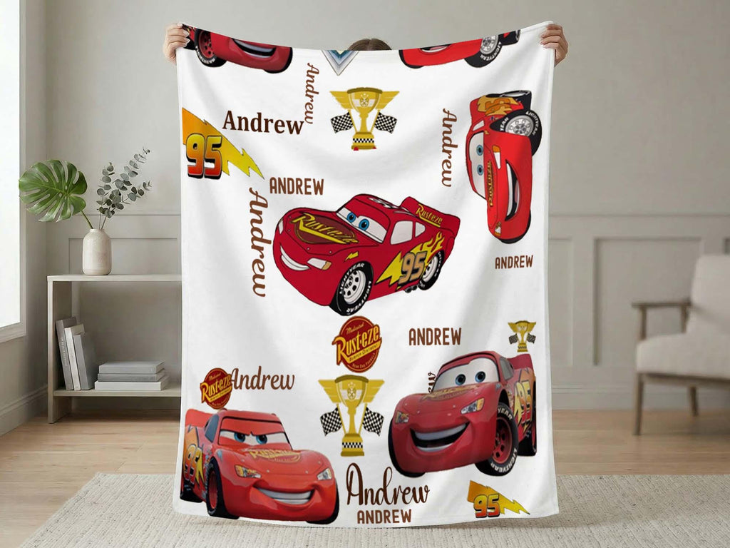 Personalized Cars Blanket, Custom Name Throw Blanket, Lightning McQueen Kids Blanket, Race Car Gift for Boys Toddlers