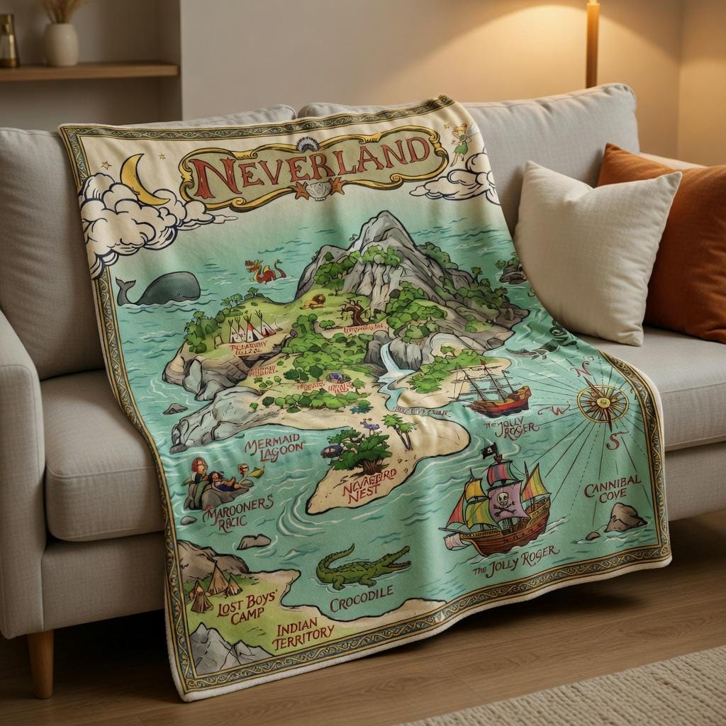 Neverland Map Fleece Blanket, Soft Cozy Peter Pan Inspired Blanket