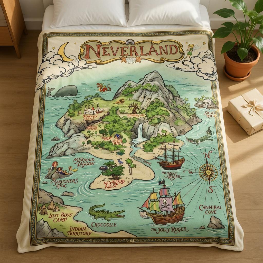Neverland Map Fleece Blanket, Soft Cozy Peter Pan Inspired Blanket