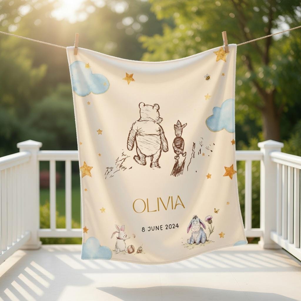 Personalized Winnie the Pooh Baby Blanket, Custom Name Classic Pooh Nursery Decor, Retro Pooh & Friends Blanket
