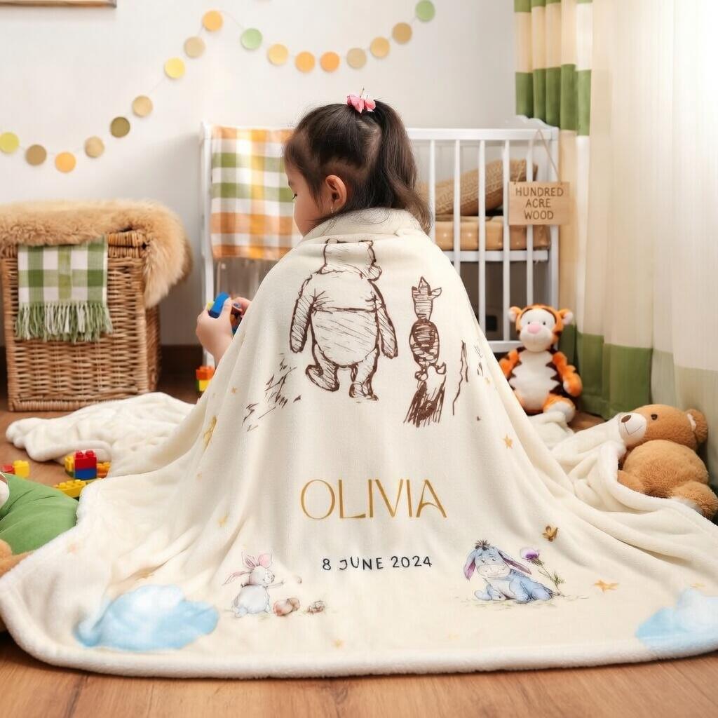 Personalized Winnie the Pooh Baby Blanket, Custom Name Classic Pooh Nursery Decor, Retro Pooh & Friends Blanket