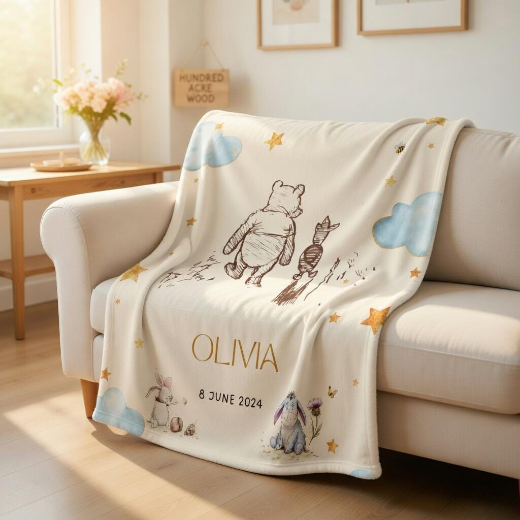Personalized Winnie the Pooh Baby Blanket, Custom Name Classic Pooh Nursery Decor, Retro Pooh & Friends Blanket