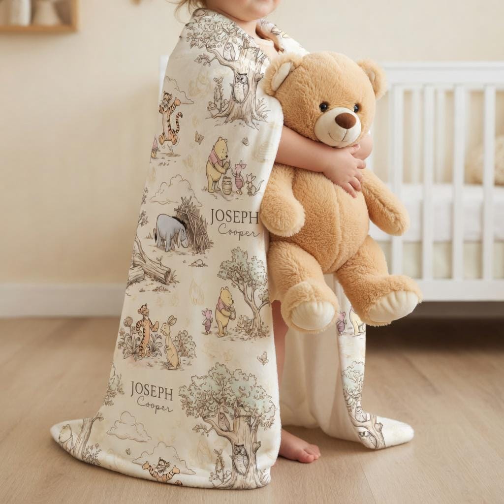 Personalized Classic Winnie the Pooh Blanket, Custom Hundred Acre Wood Nursery Plushies, Vintage Pooh and Friends Blanket