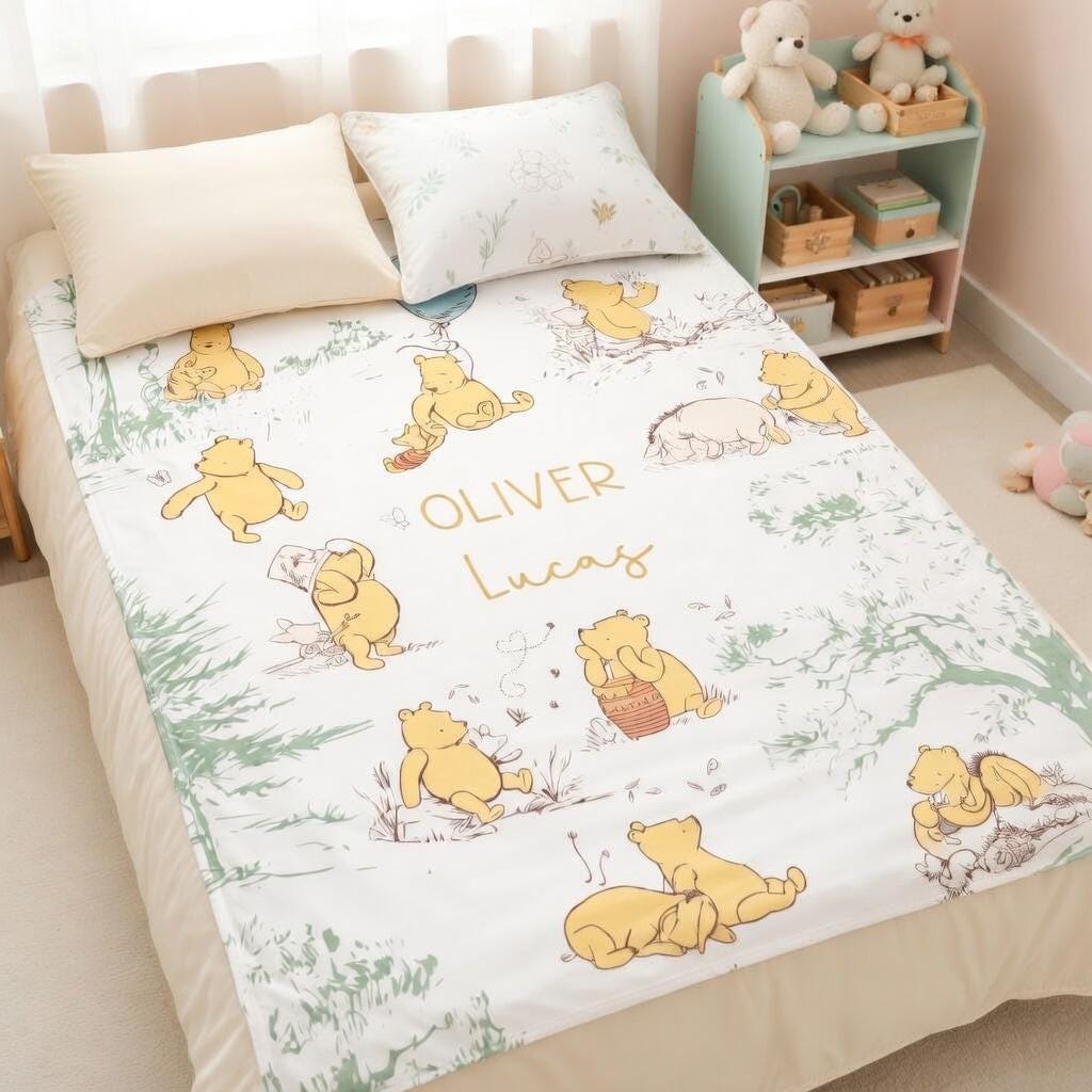 Personalized Winnie the Pooh Baby Blanket, Custom Name Sage Green Nursery Decor, Classic Pooh Blue Balloon Blanket, Storybook Newborn Gift