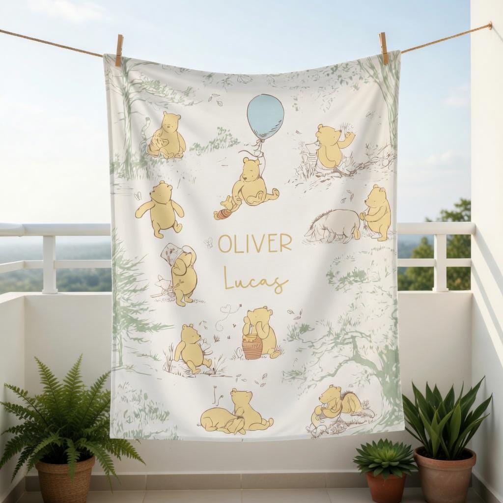 Personalized Winnie the Pooh Baby Blanket, Custom Name Sage Green Nursery Decor, Classic Pooh Blue Balloon Blanket, Storybook Newborn Gift