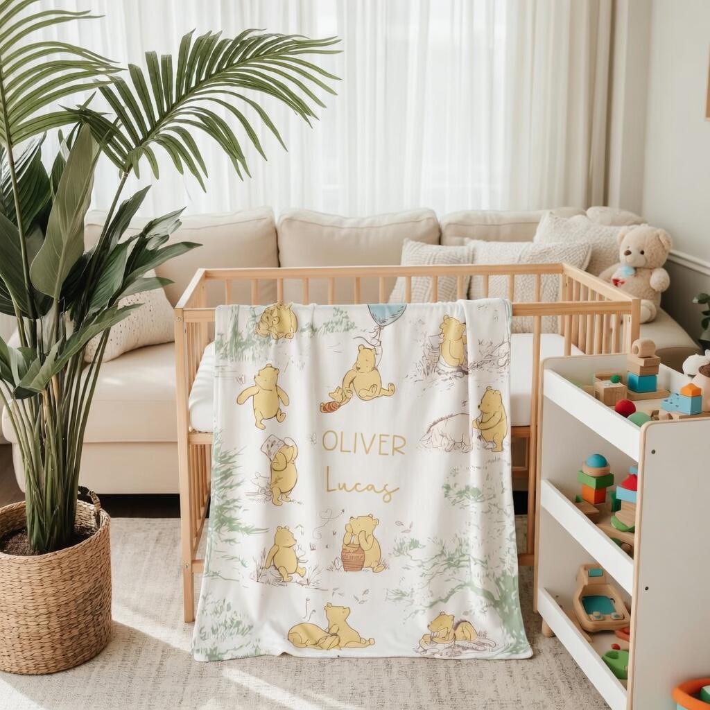 Personalized Winnie the Pooh Baby Blanket, Custom Name Sage Green Nursery Decor, Classic Pooh Blue Balloon Blanket, Storybook Newborn Gift