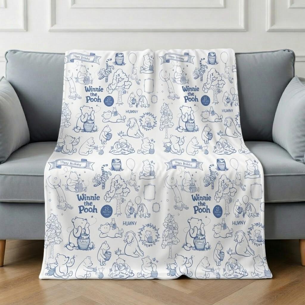 Custom Classic Winnie the Pooh Baby Blanket, Custom Name Sage Green Nursery Decor, Classic Pooh Blue Balloon Blanket, Storybook Newborn Gift