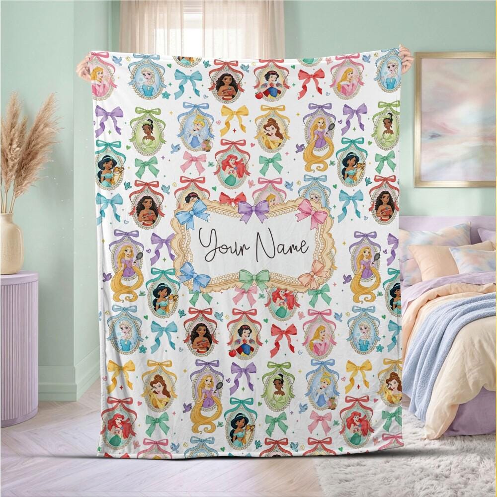 Elegant Princess Mirror Coquette Custom Blanket, Personalized Name Magical Characters Bedding, Fairytale Bow Nursery Throw for Kids