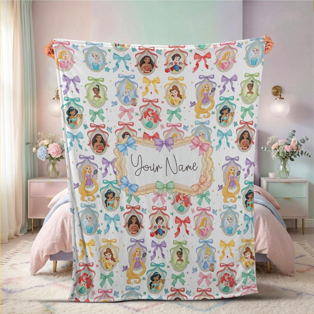 Elegant Princess Mirror Coquette Custom Blanket, Personalized Name Magical Characters Bedding, Fairytale Bow Nursery Throw for Kids