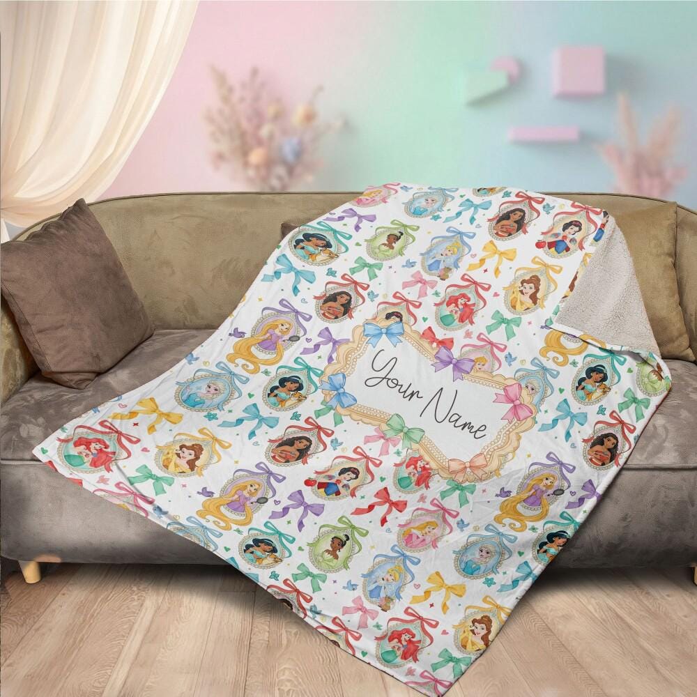 Elegant Princess Mirror Coquette Custom Blanket, Personalized Name Magical Characters Bedding, Fairytale Bow Nursery Throw for Kids