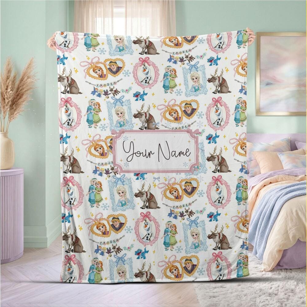 Enchanted Frozen Team Custom Blanket for Kids, Personalized Name Elsa Anna Olaf White Throw, Winter Fairytale Nursery Decor 2026