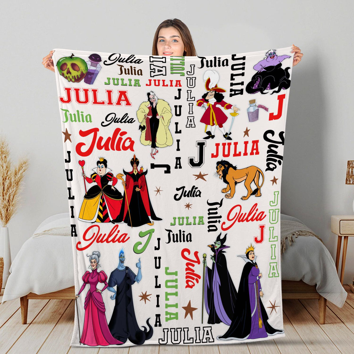 Custom Disney Villains Blanket, Personalized Maleficent Ursula Cruella Throw, Evil Queen Fleece Blanket, Disney Fan Gift for Her,Disney Gift