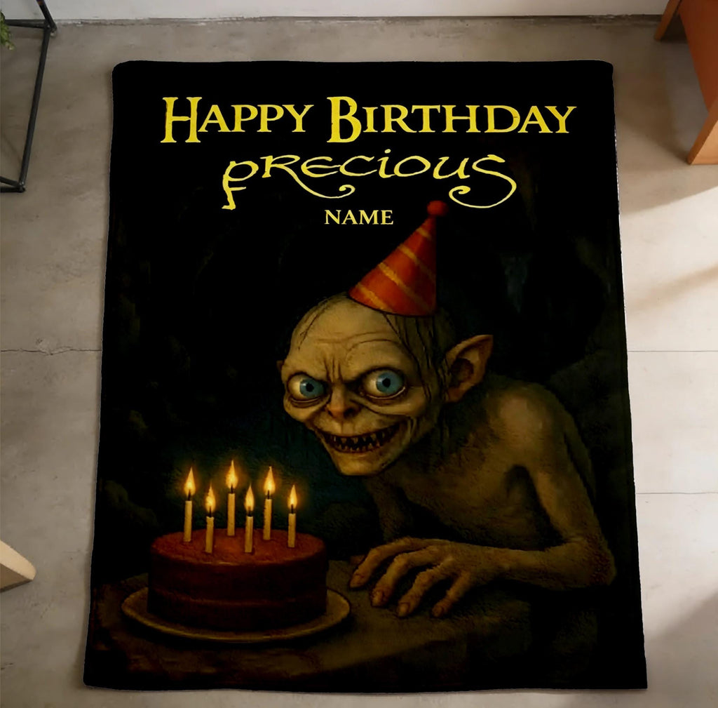 Personalized Gollum Happy Birthday Woven Blanket, Custom Funny Precious LOTR Blanket Soft Throw Geek Gift Decor