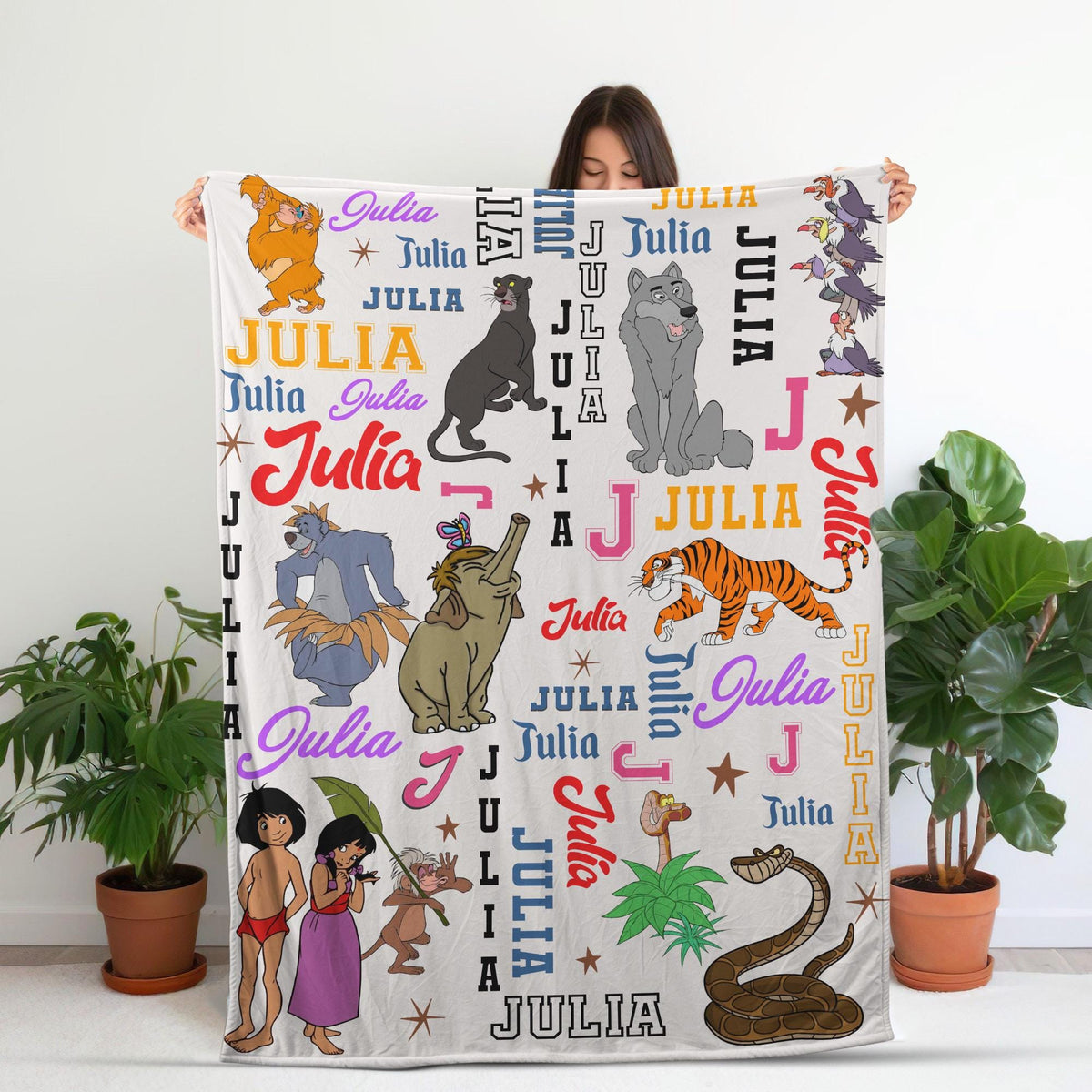 Personalized Jungle Book Blanket, Custom Name Baby Blanket, Mowgli Baloo Nursery Decor, Safari Animals Kids Throw, Jungle Theme Newborn Gift