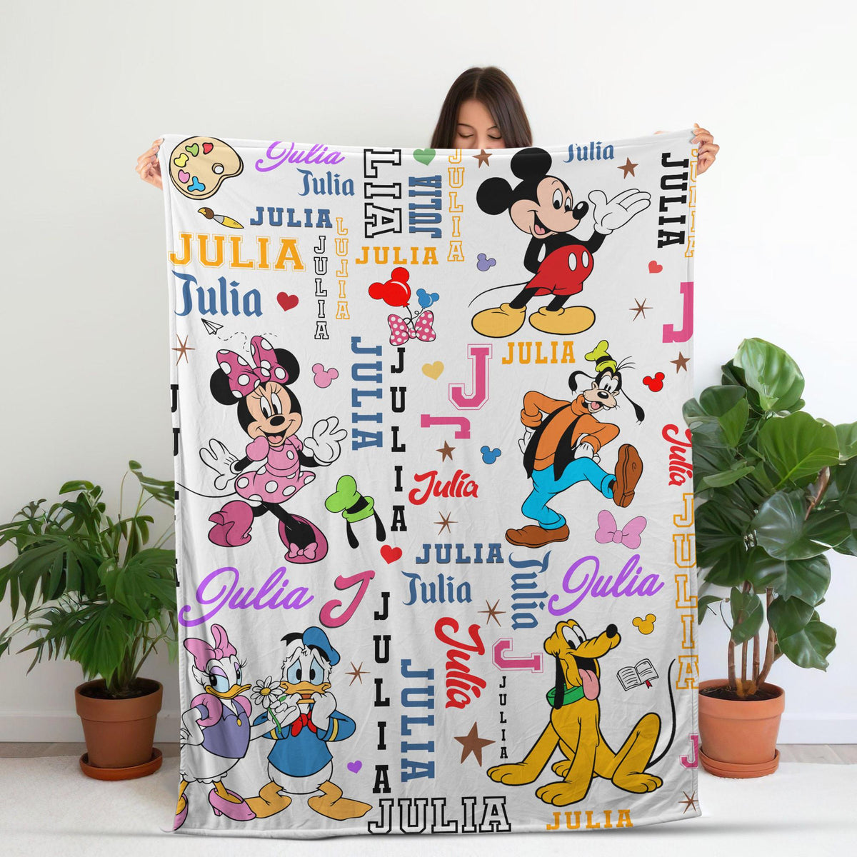 Personalized Disney Mickey and Friends Blanket, Custom Name Kids Blanket, Mickey Minnie Donald Goofy Pluto Gift, Soft Fleece Baby Blanket