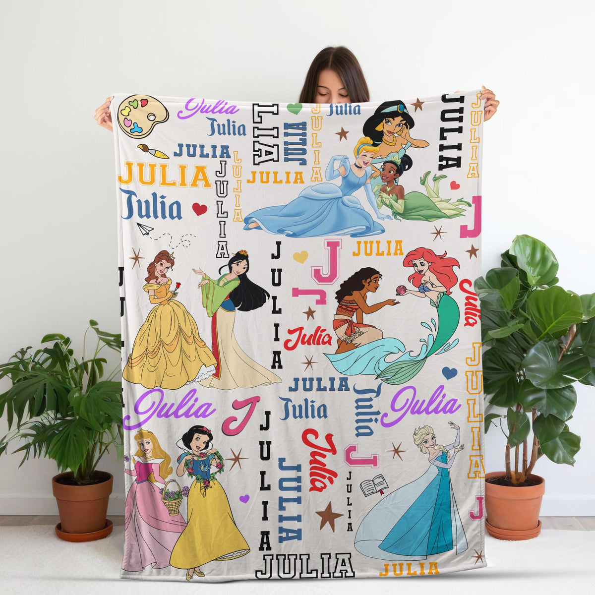 Custom Name Princess Blanket for Girls, Personalized Disney Princess Kids Throw, Birthday Gift for Daughter Granddaughter, Minky Fleece Baby