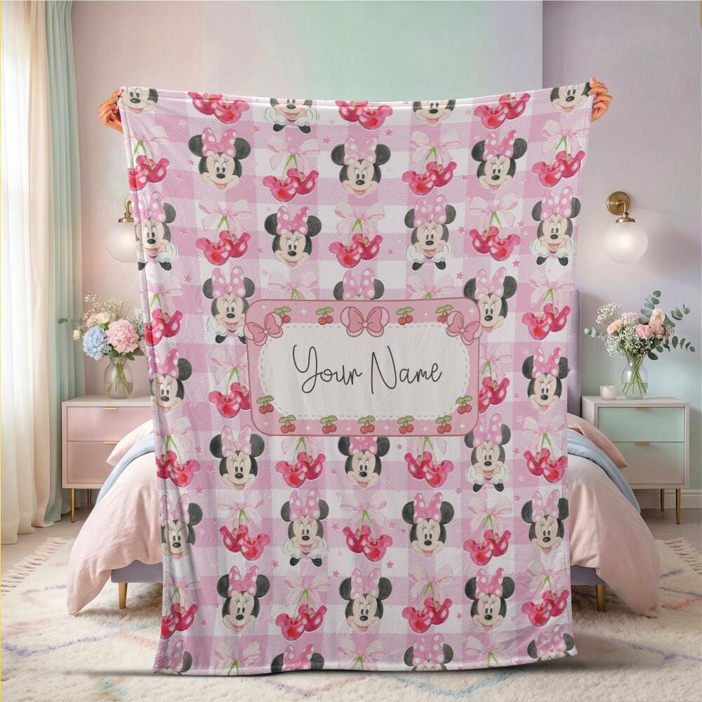 Sweet Personalized Minnie Mouse Cherry Blanket, Custom Name Pink Plaid Coquette Throw, Baby Girl Nursery Decor Birthday Gif