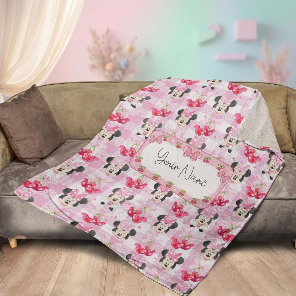 Sweet Personalized Minnie Mouse Cherry Blanket, Custom Name Pink Plaid Coquette Throw, Baby Girl Nursery Decor Birthday Gif