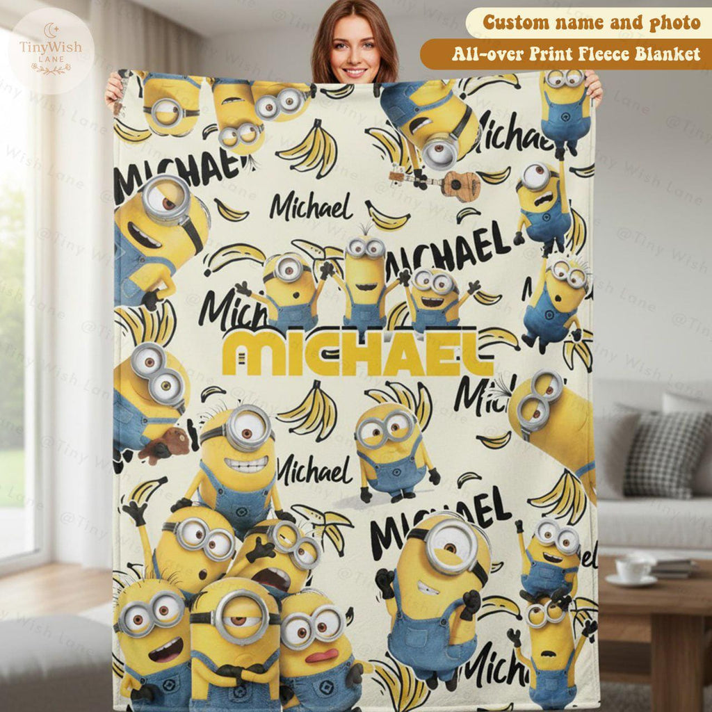 Personalized Disney Cute Yellow Characters Blanket, Custom Name Disney Blanket, Funny Banana Crew Blanket, Perfect Gift for Boy or Girl