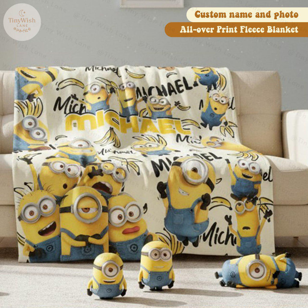 Personalized Disney Cute Yellow Characters Blanket, Custom Name Disney Blanket, Funny Banana Crew Blanket, Perfect Gift for Boy or Girl