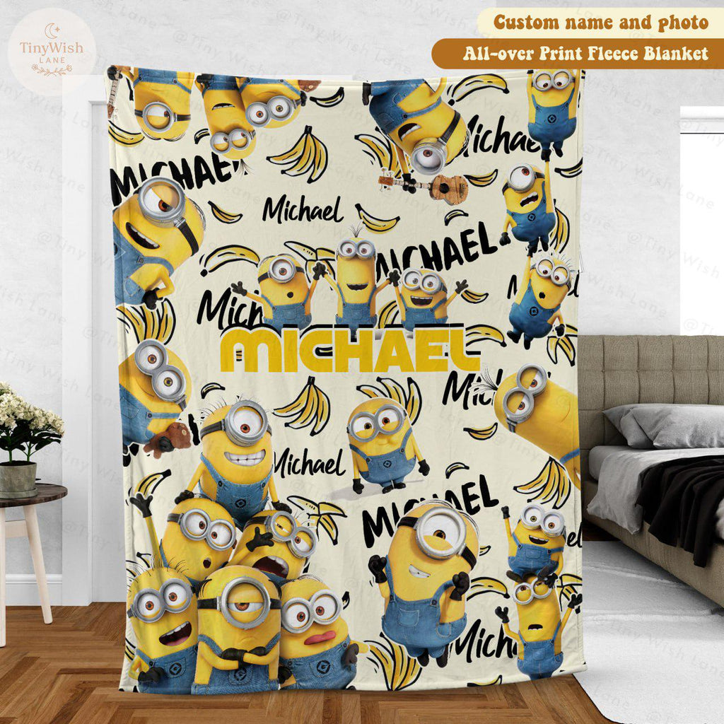 Personalized Disney Cute Yellow Characters Blanket, Custom Name Disney Blanket, Funny Banana Crew Blanket, Perfect Gift for Boy or Girl