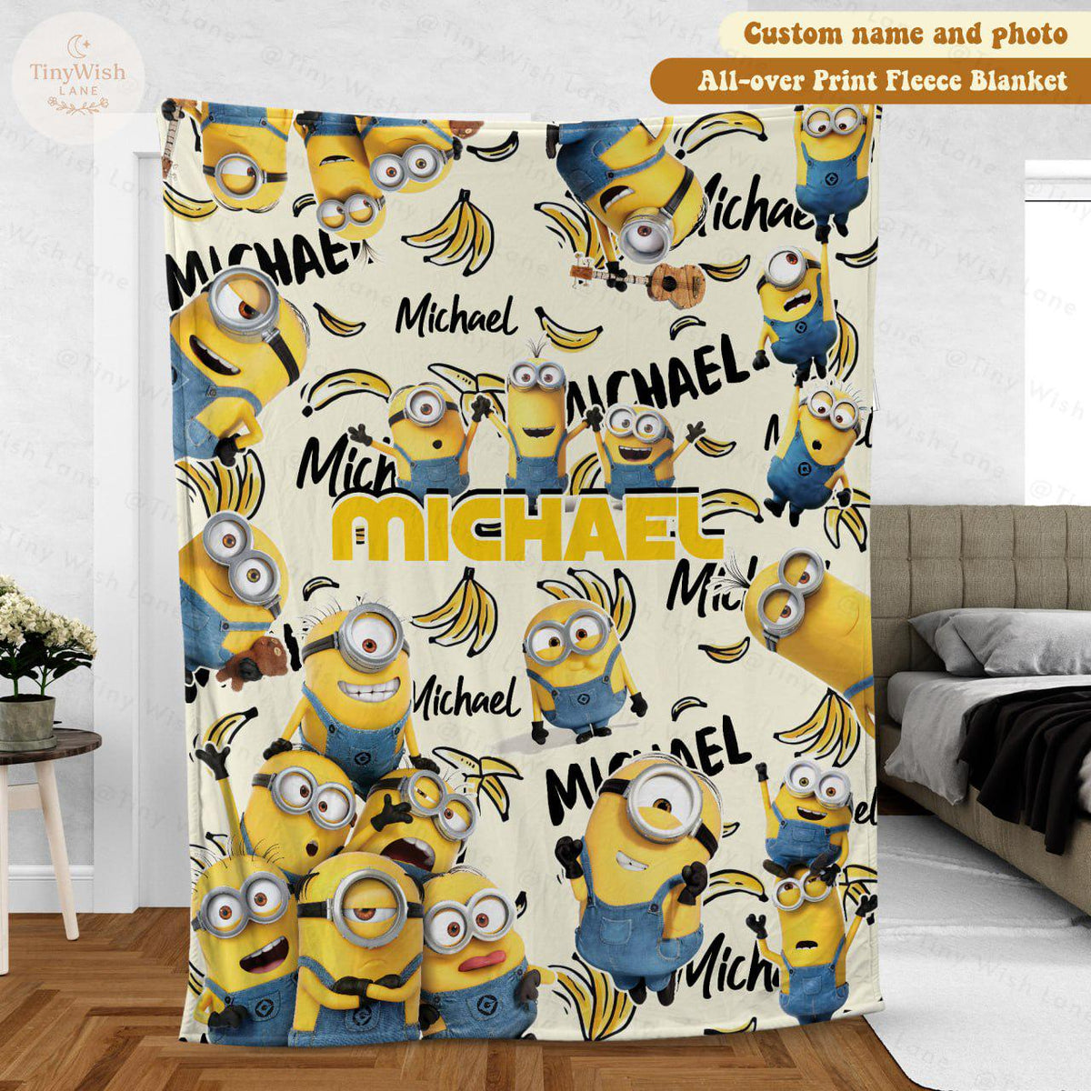 Personalized Disney Cute Yellow Characters Blanket, Custom Name Disney Blanket, Funny Banana Crew Blanket, Perfect Gift for Boy or Girl