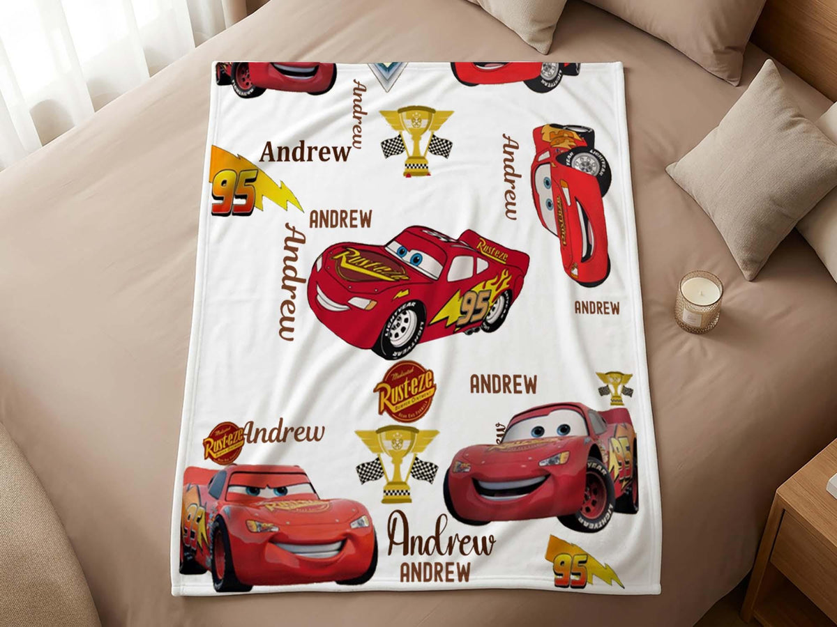 Personalized Cars Blanket, Custom Name Throw Blanket, Lightning McQueen Kids Blanket, Race Car Gift for Boys Toddlers