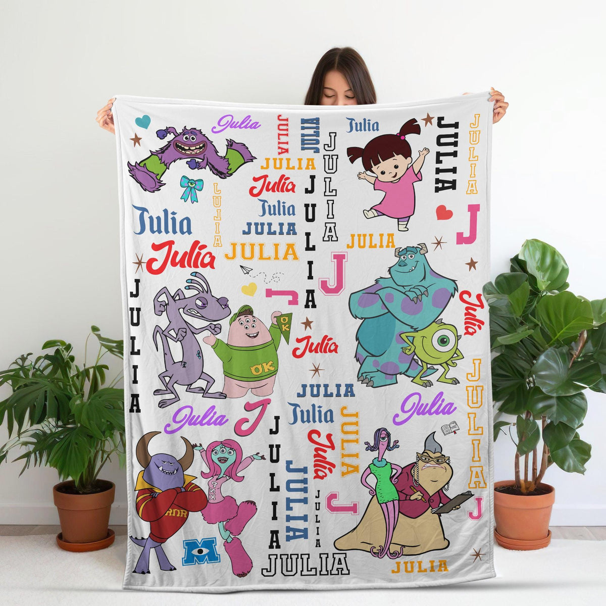 Custom Disney Monster Blanket, Monsters Inc Personalized Blanket for Kids,Toddler Birthday Gift, Baby Name Blanket,Cute Boo Sulley Mike Soft