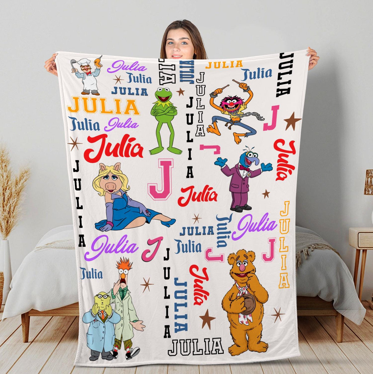Custom Name Muppets Blanket, Personalized Kermit Miss Piggy Fleece Throw, Muppet Show Gift for Kids & Adults, Cute Cartoon Nursery Bedding